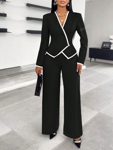 2024 New Women's Fall/Winter Asymmetrical Hem Single-Breasted Contrast Trim Suit And Pants Set, Suitable With Slip Pocket Details For Work And Commute