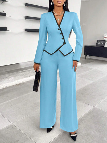 2024 New Women's Fall/Winter Asymmetrical Hem Single-Breasted Contrast Trim Suit And Pants Set, Suitable With Slip Pocket Details For Work And Commute