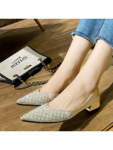 2024 Pointed Toe Women Fashion Korean Style Classic Versatile Low Heel Crystal Pearl Net Slip On