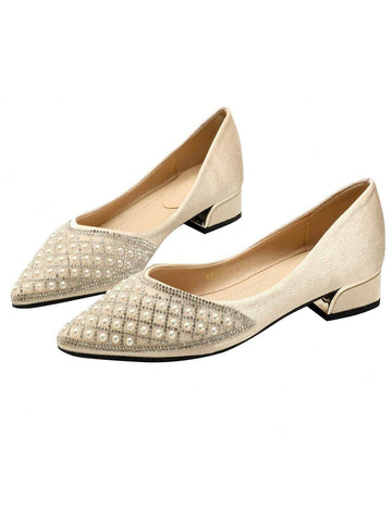 2024 Pointed Toe Women Fashion Korean Style Classic Versatile Low Heel Crystal Pearl Net Slip On