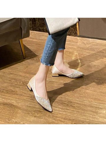 2024 Pointed Toe Women Fashion Korean Style Classic Versatile Low Heel Crystal Pearl Net Slip On