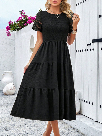 2024 Spring/Summer New Solid Color Embroidery Hollow Out A-Line Dress In Foreign Trade