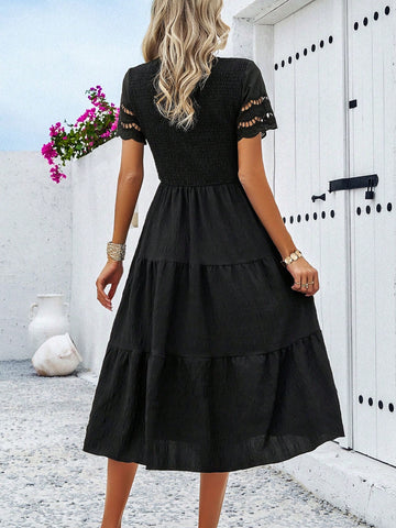 2024 Spring/Summer New Solid Color Embroidery Hollow Out A-Line Dress In Foreign Trade