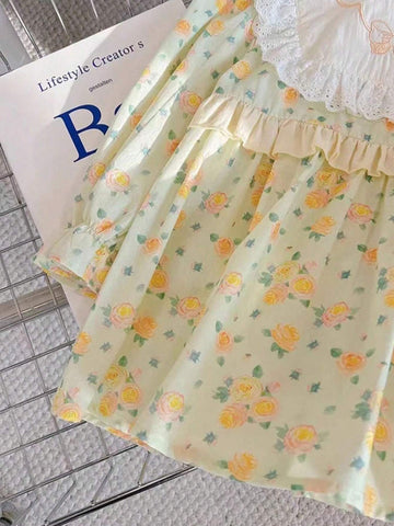 2024 Spring Autumn New Arrival Girls' Floral Long Sleeve A-Line Skirt, Fashion Korean-Style Toddler Dress For Outdoor Wearing