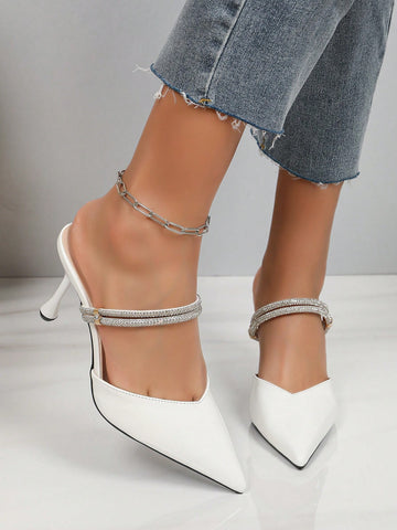 2024 Spring Crystal Embellished Closed Toe Mule Sandals Women, French V-Cut Pointed Toe Slim Strap