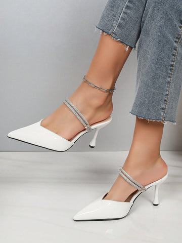 2024 Spring Crystal Embellished Closed Toe Mule Sandals Women, French V-Cut Pointed Toe Slim Strap