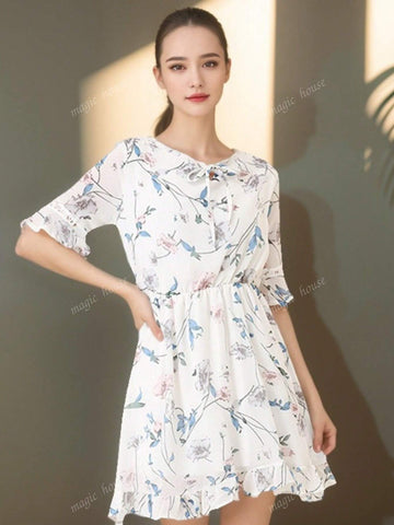 2024 Summer Chic Ditsy Floral Chiffon A-Line Dress With Flared Sleeves