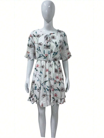 2024 Summer Chic Ditsy Floral Chiffon A-Line Dress With Flared Sleeves