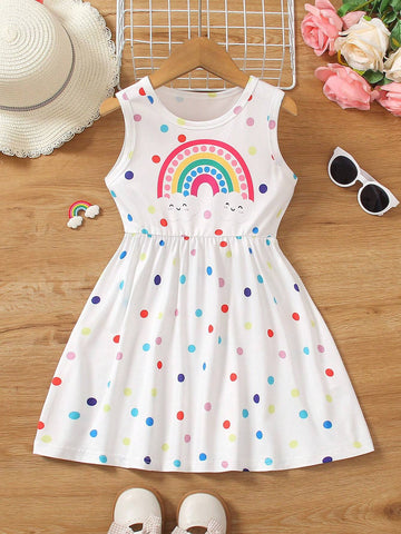2024 Summer New Arrivals Girls' Dress, Colorful Polka Dot & Rainbow Printed Sleeveless Tank Top Dress