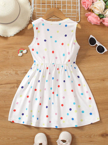 2024 Summer New Arrivals Girls' Dress, Colorful Polka Dot & Rainbow Printed Sleeveless Tank Top Dress
