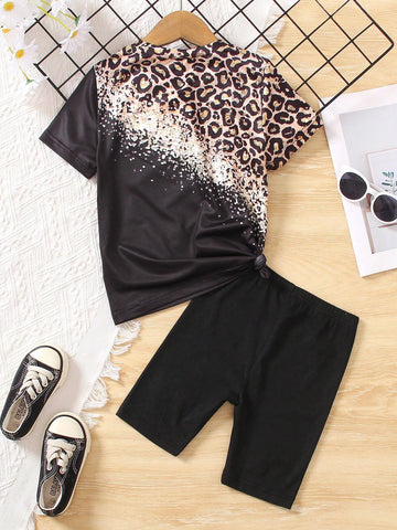 2024 Summer New Casual Street Style Leopard Print Round Neck Short Sleeve T-Shirt With Faux Ripped Detail And Printed Slim Five-Pants Outfit For Girls