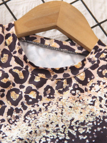 2024 Summer New Casual Street Style Leopard Print Round Neck Short Sleeve T-Shirt With Faux Ripped Detail And Printed Slim Five-Pants Outfit For Girls