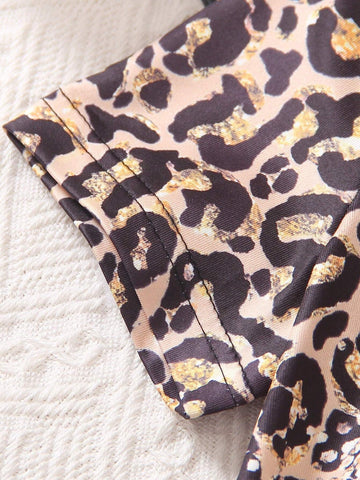 2024 Summer New Casual Street Style Leopard Print Round Neck Short Sleeve T-Shirt With Faux Ripped Detail And Printed Slim Five-Pants Outfit For Girls