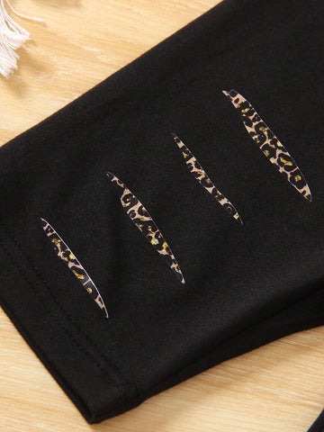 2024 Summer New Casual Street Style Leopard Print Round Neck Short Sleeve T-Shirt With Faux Ripped Detail And Printed Slim Five-Pants Outfit For Girls