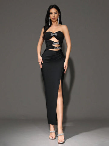 2024 Summer New Sexy Bowknot Strapless Hollow Out Bodycon Bandage Long Dress, Fashion Party Evening Gown