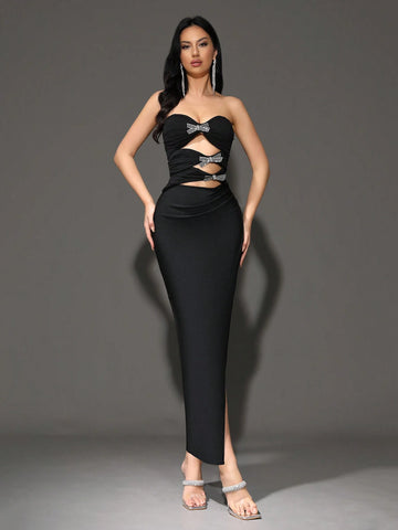2024 Summer New Sexy Bowknot Strapless Hollow Out Bodycon Bandage Long Dress, Fashion Party Evening Gown