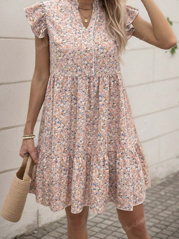 2024 Summer New V-Neck Elegant Floral Ruffled Short Dress