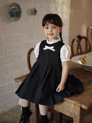 2024 Summer Toddler Girls' College Style Puff Sleeve Dress