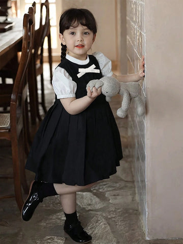 2024 Summer Toddler Girls' College Style Puff Sleeve Dress