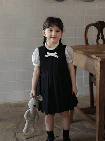 2024 Summer Toddler Girls' College Style Puff Sleeve Dress