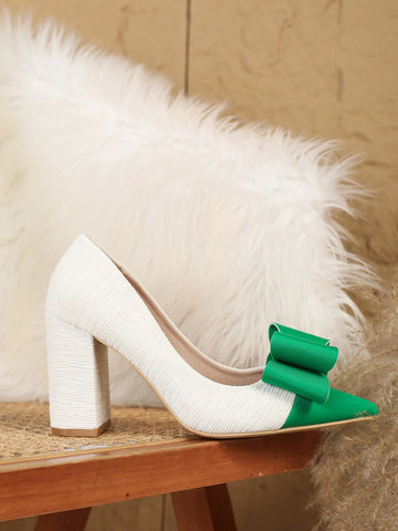2024 Women's Fashionable Pointed Toe High Heel Shoes, Chunky Heel Colorblock Bow Decor