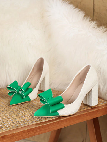 2024 Women's Fashionable Pointed Toe High Heel Shoes, Chunky Heel Colorblock Bow Decor