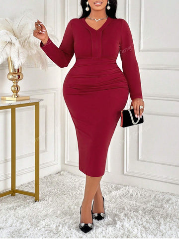 2024 Women's Plus Size Women's Waist Pleated Long Sleeved Dress, Daily Commuting And Leisure Office Clothing