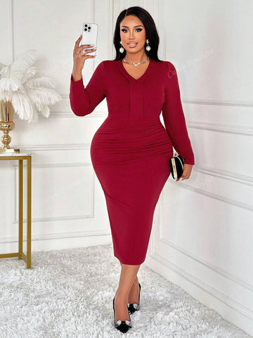 2024 Women's Plus Size Women's Waist Pleated Long Sleeved Dress, Daily Commuting And Leisure Office Clothing