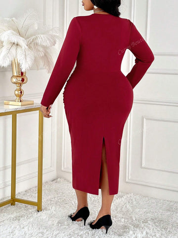 2024 Women's Plus Size Women's Waist Pleated Long Sleeved Dress, Daily Commuting And Leisure Office Clothing
