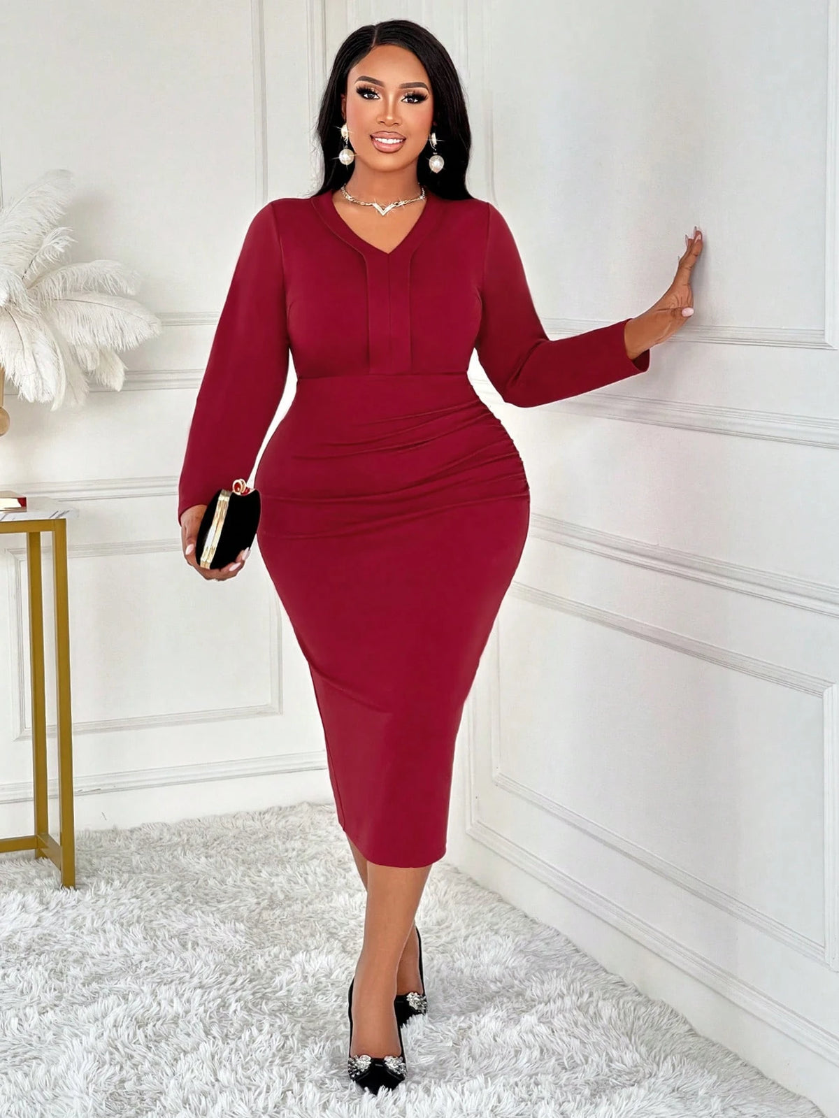2024 Women's Plus Size Women's Waist Pleated Long Sleeved Dress, Daily Commuting And Leisure Office Clothing