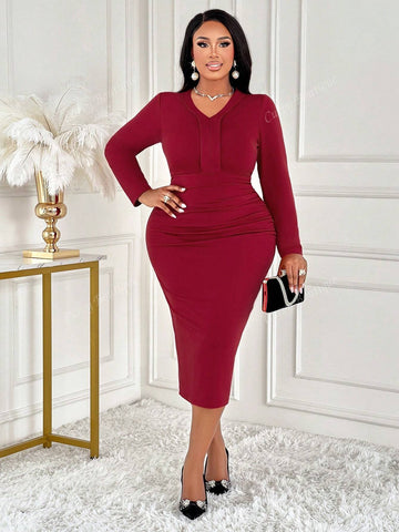 2024 Women's Plus Size Women's Waist Pleated Long Sleeved Dress, Daily Commuting And Leisure Office Clothing