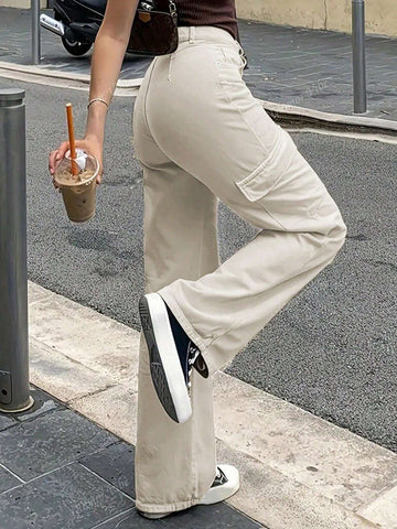 2024 Women's Retro Casual Solid Color Side Pockets Straight-Leg Cargo Pants