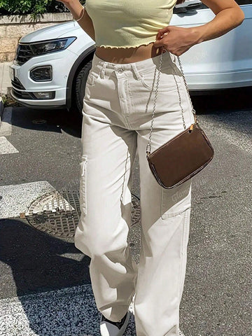 2024 Women's Retro Casual Solid Color Side Pockets Straight-Leg Cargo Pants