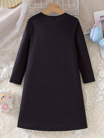 2024 Young Girl Cartoon Cute Kitty Print Long Sleeve Dress, Spring And Autumn Children Clothing