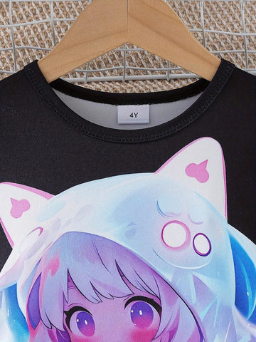 2024 Young Girl Cartoon Cute Kitty Print Long Sleeve Dress, Spring And Autumn Children Clothing