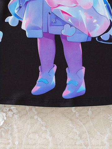 2024 Young Girl Cartoon Cute Kitty Print Long Sleeve Dress, Spring And Autumn Children Clothing