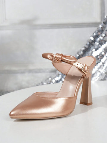 New Fashionable Sexy Extra High Heel Plated Heel Solid Color Bow-Knot Pointed Toe Versatile Women Pumps