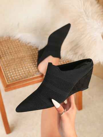 2025 New Women Pointy Toe Mid Heel Shoes, Knitted Elastic Breathable Versatile Work Office Pumps,