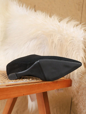 2025 New Women Pointy Toe Mid Heel Shoes, Knitted Elastic Breathable Versatile Work Office Pumps