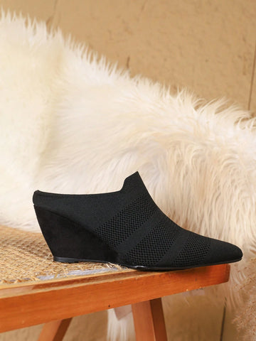 2025 New Women Pointy Toe Mid Heel Shoes, Knitted Elastic Breathable Versatile Work Office Pumps,