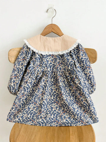 2025 Spring/Summer Girls Lace Collar Ditsy Floral Long Sleeve Knee-Length Dress, Forestry Style
