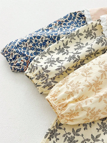 2025 Spring/Summer Girls Lace Collar Ditsy Floral Long Sleeve Knee-Length Dress, Forestry Style