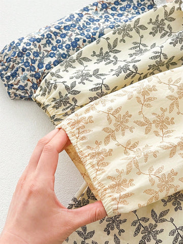 2025 Spring/Summer Girls Lace Collar Ditsy Floral Long Sleeve Knee-Length Dress, Forestry Style