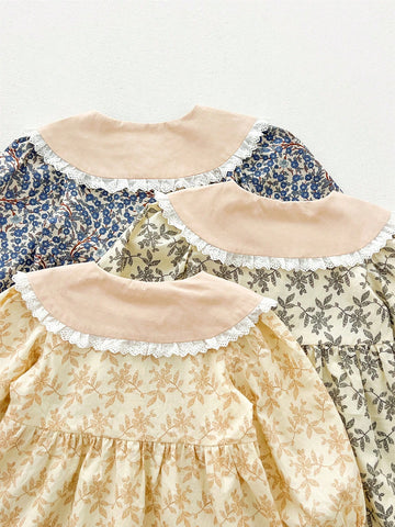 2025 Spring/Summer Girls Lace Collar Ditsy Floral Long Sleeve Knee-Length Dress, Forestry Style
