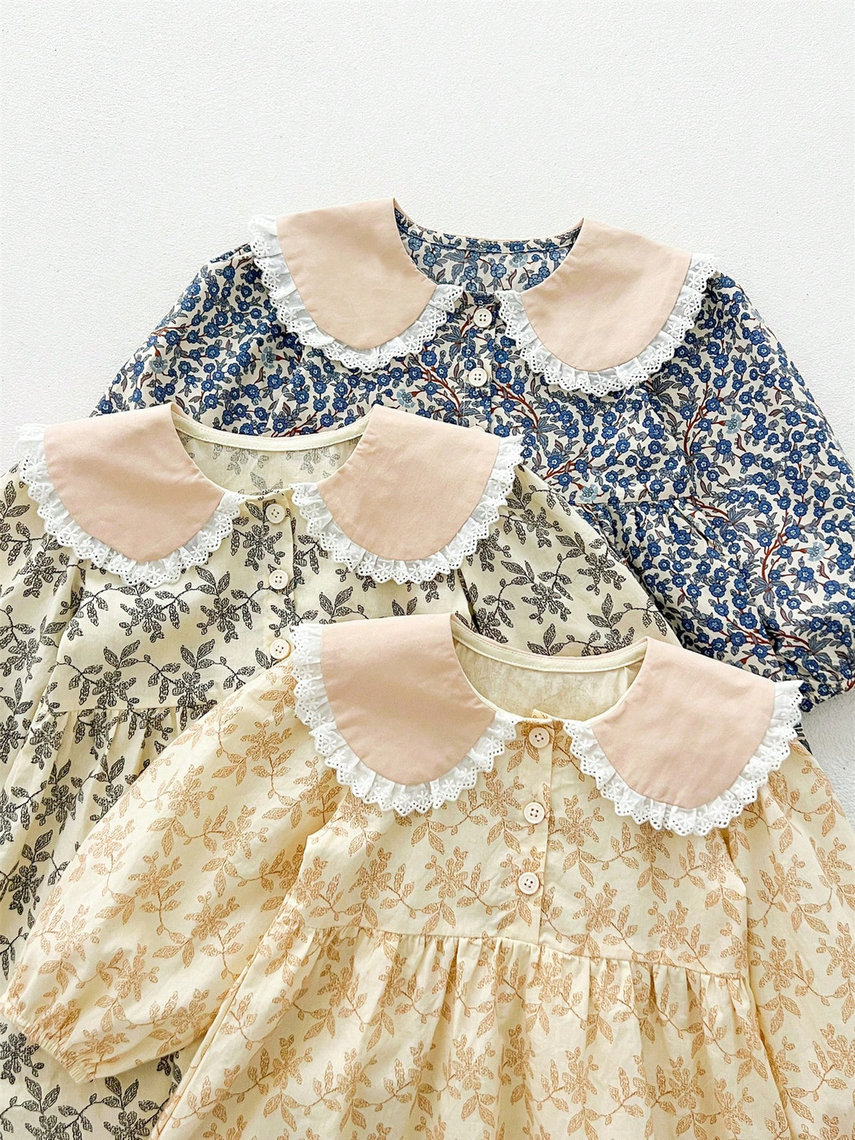 2025 Spring/Summer Girls Lace Collar Ditsy Floral Long Sleeve Knee-Length Dress, Forestry Style