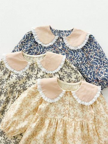 2025 Spring/Summer Girls Lace Collar Ditsy Floral Long Sleeve Knee-Length Dress, Forestry Style