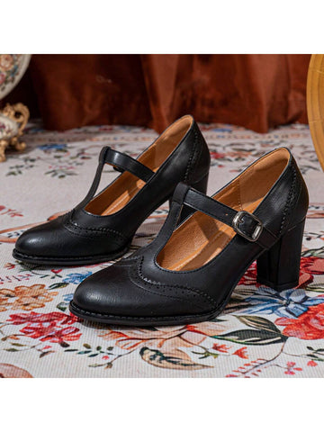 2025 Spring Women's Chunky Heeled T-Strap Floral Embellished Round Toe Plus Size Pumps