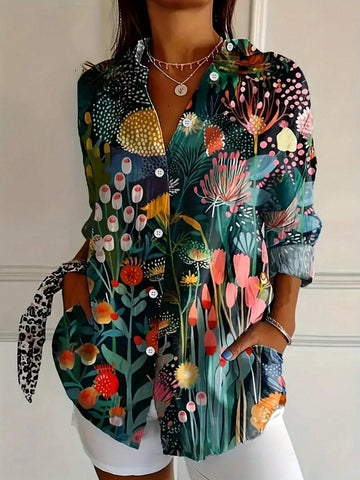 Fashion Printed Lapel Button Front Long Sleeve Women Blouse