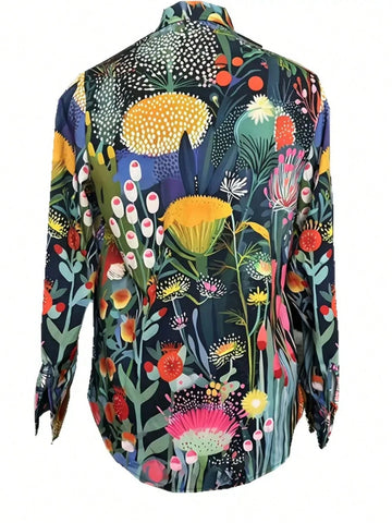 Fashion Printed Lapel Button Front Long Sleeve Women Blouse