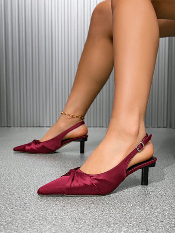 2025 Spring & Summer New Elegant Wedding Shoes, Women's Wine Red Fashion Kitten Heel Closed Toe